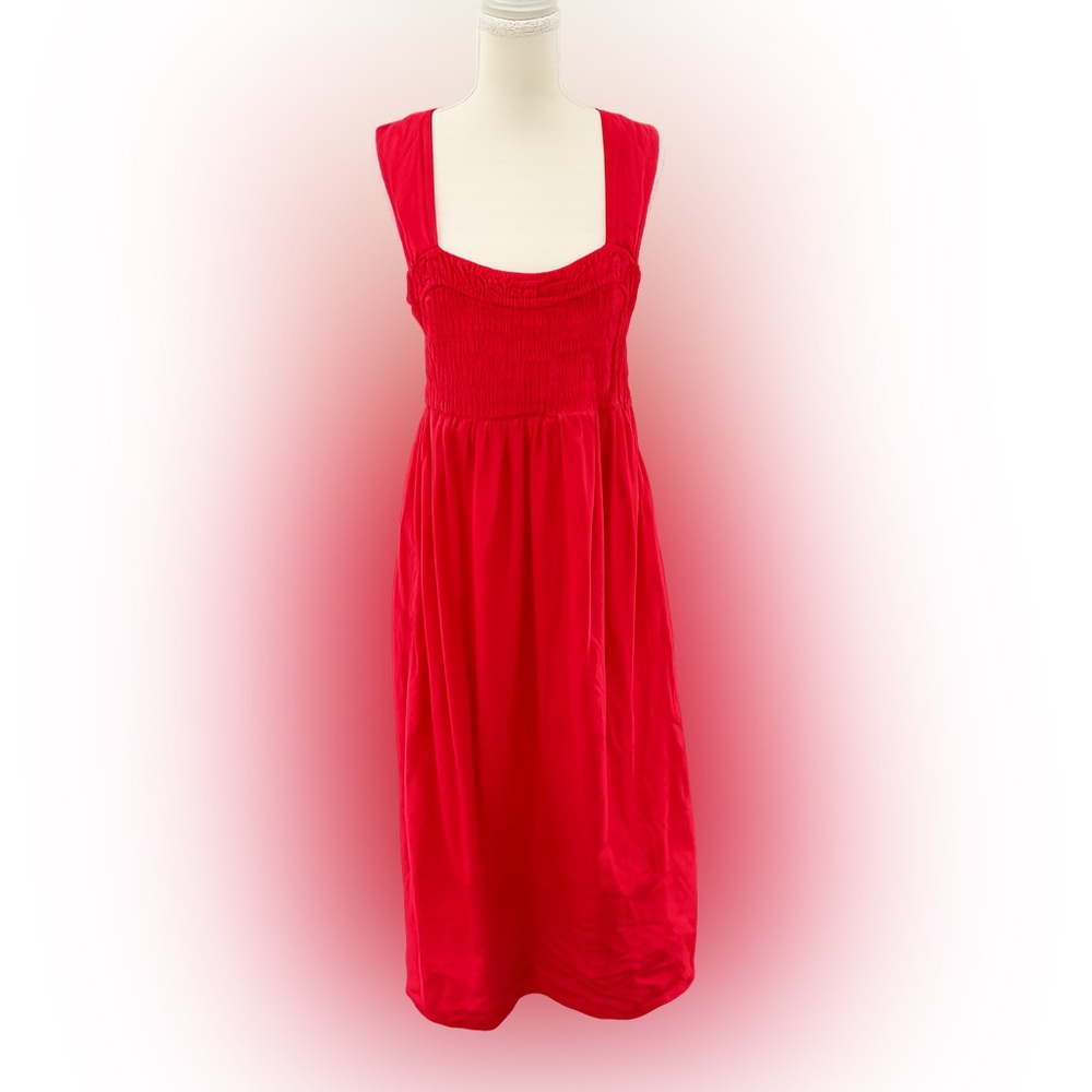 GANNI Red Smocked Sweetheart Midi Dress Size 44 L XL - Picture 2 of 7